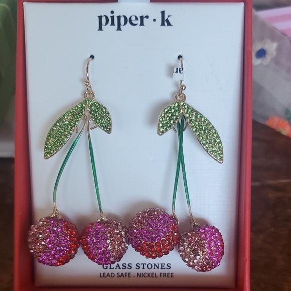 Piper K Cherry Drop Earrings - Green and Pink - Picture 1 of 4